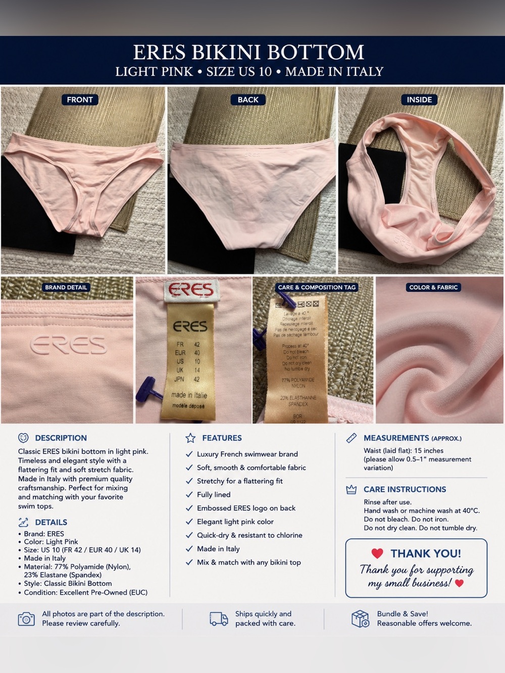 ERES Light Pink Bikini Bottom Made in Italy Women's US 10 Luxury Swimwear